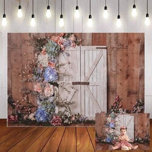 Photography Backdrop 1st Birthday Party Florals Wooden Door Photo Background Baby Shower Newborns Studio Cake Smash PropsW5365