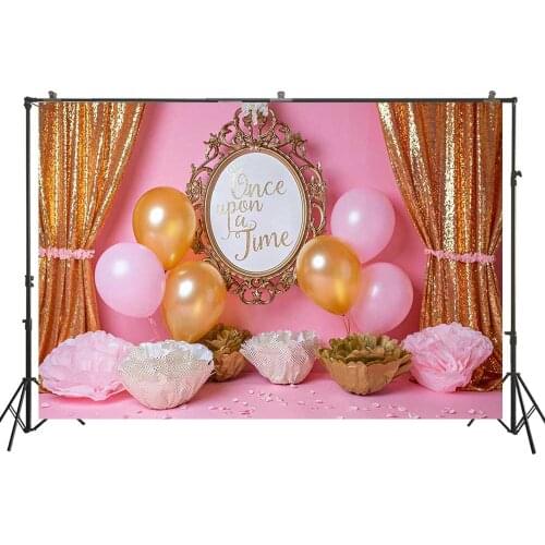 Once Upon A Time Theme Photography Background Baby Girl Birthday Photoshoots Gold Curtains Pink Balloons Cake Smash Backdrop