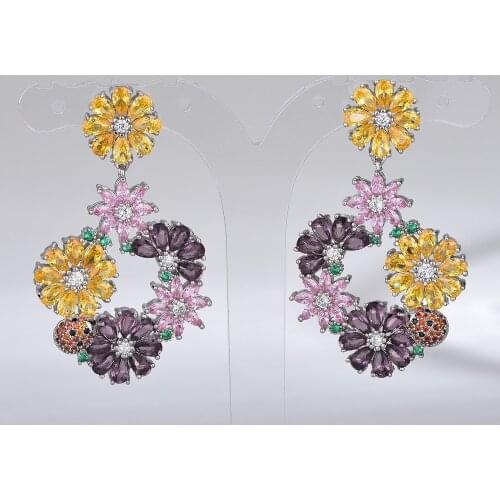 New Year Womens Party Gift Elegant CZ Retro Pendant Earrings Colorful Zirconia OL Blossom Flowers Fashion Creative Earrings Wom