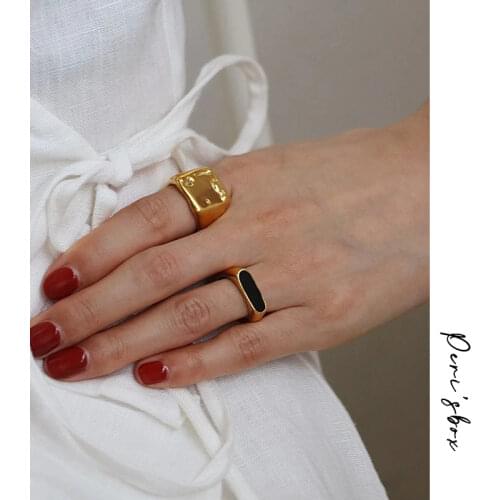 PerisBox 3 Designs Black Enamel Abstract Body Rings Textured Meteorite Irregular Rings for Women Vintage Titanium Steel Ring