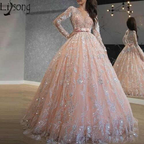 Sparkly Pink Sequined Lace Ball Gown Prom Dresses Jewel Neck Long Sleeve Sweet 16 Dress Long Formal Evening Dress robe de soiree