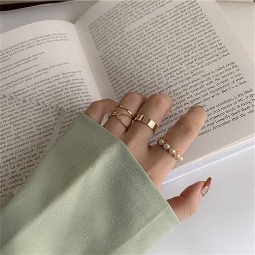 Minar Minimalist Gold Color Metallic Chunky Rings Set for Women Multi Layered Simulated Pearls Crossed Wide Charm Rings Gifts