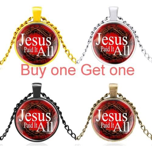 New Arrival Black Retro Thorns Bible Verse “ Jesus Paid It Glass Dome Pendant Necklace Men Women Charm Jewelry Accessories Gifts