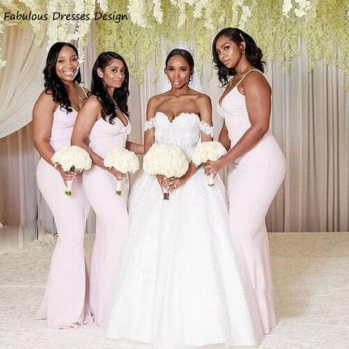 Sexy V-neck Mermaid Bridesmaid Dresses Spaghetti Strap African 2021 Long Wedding Party Dress Cheap Robe De Soiree De Mariage