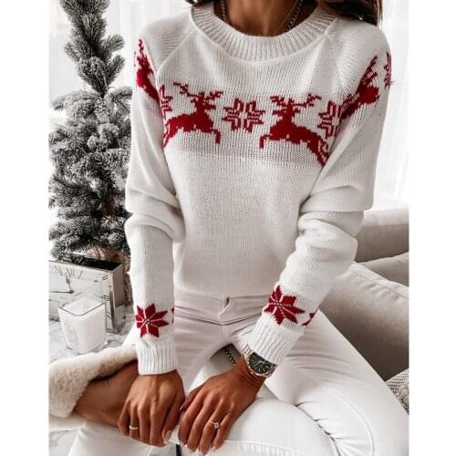 Y2k Womens Christmas Round Neck Long Sleeve Elk Snowflake Print Loose Knit Tops Sweater Womens Pullovers Streetwear