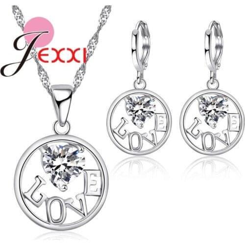 White 925 Sterling Silver Round Pendant Necklaces Earring Set Hollow Letters LOVE With Crystal Heart Jewelry For Women