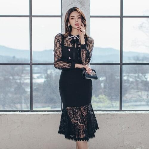 New arrival fashion spring two piece set party women OL sexy perspective lace top shirt and high waist mermaid skirt slim set