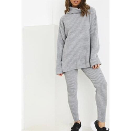 Women Two-piece Knitted Clothes Set Solid Color Turtleneck Sweater and Close-fitting Pants, Grey/ Khaki/ Black/ Pink