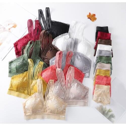 Women Erotic Hollow Out Floral Lace Underwear Set V-Neck Push Up Wireless Bra Mid Rise Thong Candy Color Lingerie Nightwear