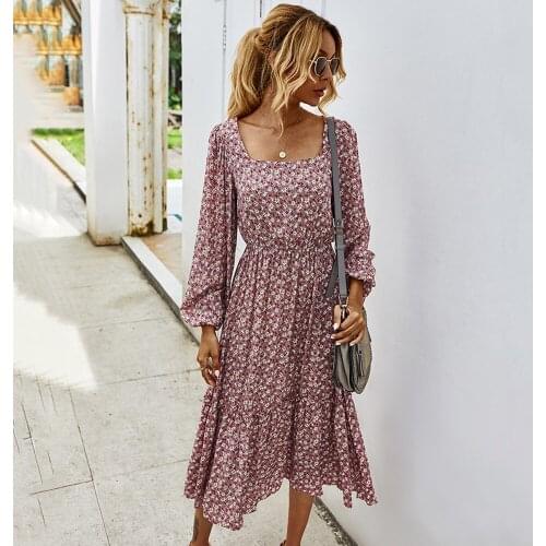Women Dress 2021 Spring and Summer Elegant Ladies Flower Printing Square Collar High Waist Long Sleeve Dresses Party Clothes