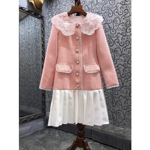 Sweet Pink Dress 2021 Autumn Winter Fashion Clothing Women Lace Turn-down Collar White Pleated Patchwork Long Sleeve Wool Dress
