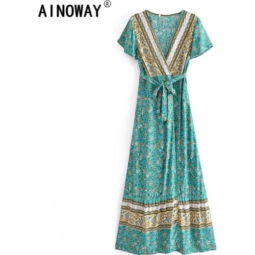 Vintage Chic Women Floral print bat sleeve beach Bohemian maxi dress Ladies cross V neck sashes Boho sundress