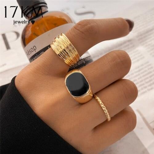 17KM Fashion Black Drop Glaze Oval Shaped Rings Set For Women Men Trendy Gold Color Wide Ring 2021 NEW Jewelry Gifts
