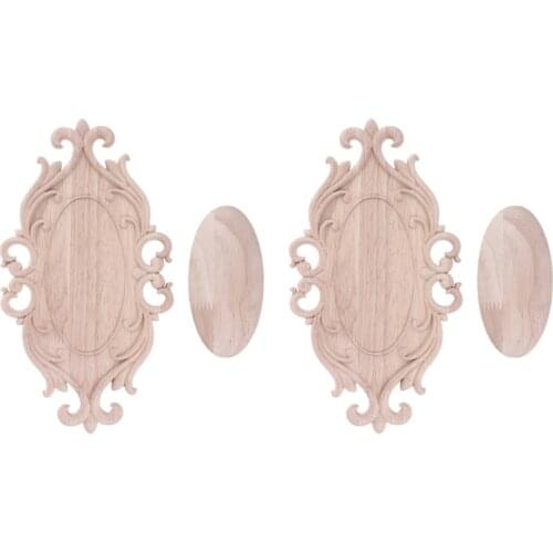 2pcs Wood Carved Onlay Applique Oval European Carving Unpainted Furniture Decor