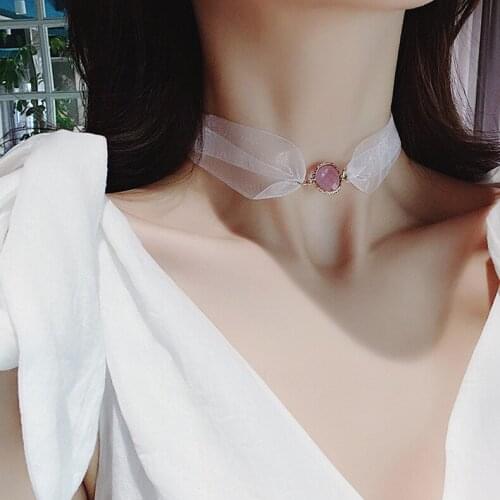 2020 Korean New Fashion White Gauze Charm Collar Chokers For Women Trendy Chic Purple Crystal Short Chokers Girls Gift Jewelry