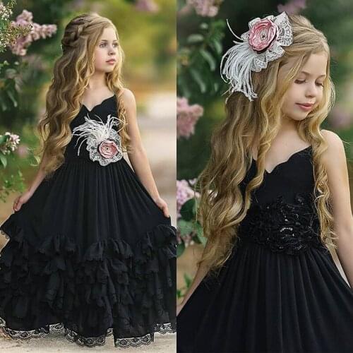 2021 Black Bohemian Flower Girl Dresses For Weddings Chiffon A Line Girls Pageant Dress Floor Length Kids Birthday Communion Dre