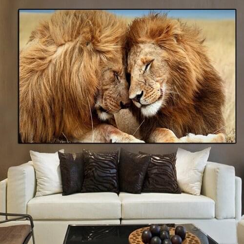 African Care for Each Other Two Adult Male Lions Canvas Painting Wild Animal Posters and Prints Wall Art Pictures for Home Decor