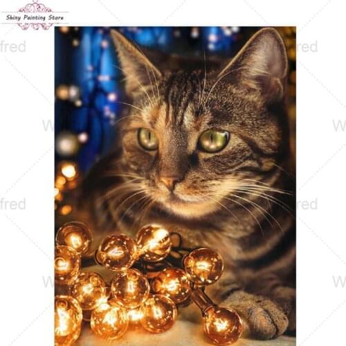 5D Diamond Embroidery Tabby Cat Light DIY Diamond Painting Cross Stitch Animal Diamond Mosaic Home Art Decoration Christmas Gift