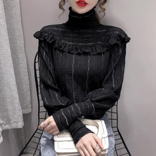 Women 2021 Spring New Fashion Lace Bottoming Shirts Female Solid Color Pullover Shirts Ladies Turtleneck Loose Blouses U325