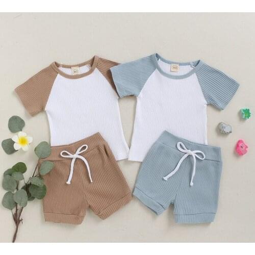 2021 Baby Summer 2PCS Clothes Set Toddler Kids Baby Boys Girls T-Shirt Shorts Pants Clothes Ribbed Patchwork Outfit