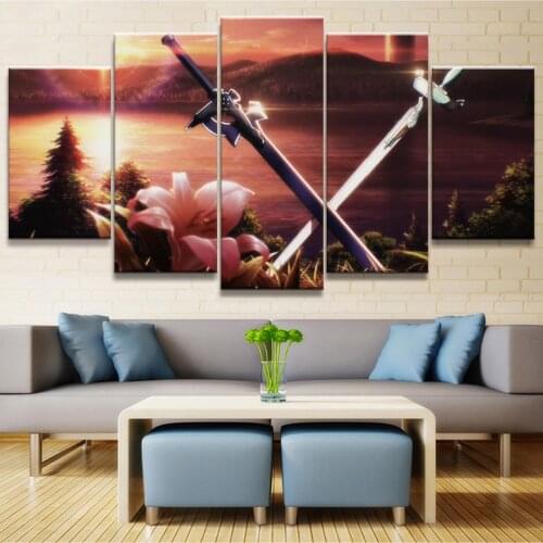 Home Decor Canvas Printed Poster 5 Pieces Sword Art Online HD Painting Wall Art Modern Pictures Living Room Modular Framework