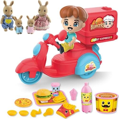 1：12 Forest Animal Family Takeaway Motorcycle Toys Miniature Simulation Food Burger Fries Pizza Action Figure Bunny Panda Girls