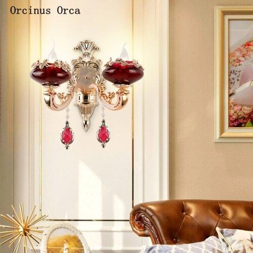 European Retro Red crystal wall lamp living room hotel bedroom bedside lamp luxurious romantic ruby glass wall lamp
