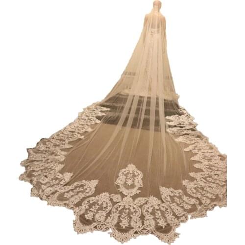 Hot Selling 4M Long Wedding Veils With Appliqued Lace One Layer Customized White Ivory Champagne Bridal Wedding Veil with Comb