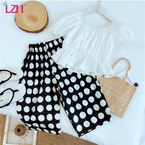LZH 2021 Summer Puff Sleeve Short Sleeve T-Shirt+Polka Dot Wide-Leg Pants 2Pcs Sets Casual Baby Girl Suit Loose Children Clothes