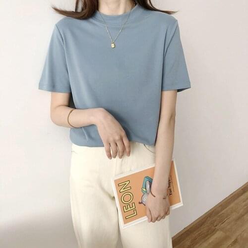 2020 Summer Cotton Shirts Pure Color Short Sleeve Stand Collar T Shirt Harajuku Tops For Women Casual Tees