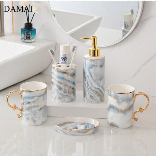 Golden Stroke Bathroom Set Ceramic Nordic Modern Hand Painted Gold Marble Texture Shower Accessories Organizer Home Decoration