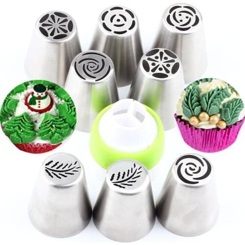 Stainless Steel 8Pcs Russian Icing Cake Piping Nozzles Flower Pastry Tips Set And 1Pcs Coupler Converter Cake Decorating Tools
