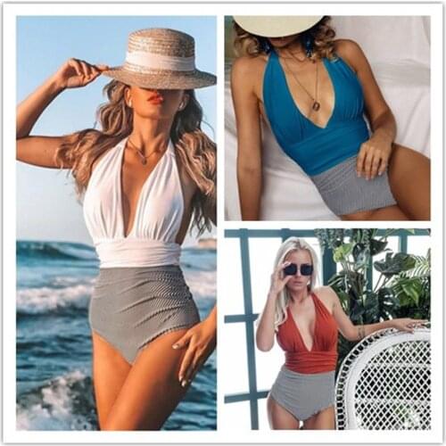New Sexy Women Bikini One-Piece Sexy Striped Stitching Bikini Beachwear Girl Beach Bathing Suits Swimsuit Push Up Swimwear Women
