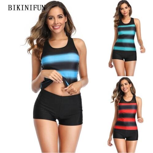 2020 New Gradient Striped Swimsuit Women Tank Top Swimwear High Neck Beachwear S-3XL Plus Size Bathing Suit Sports Bikini Set
