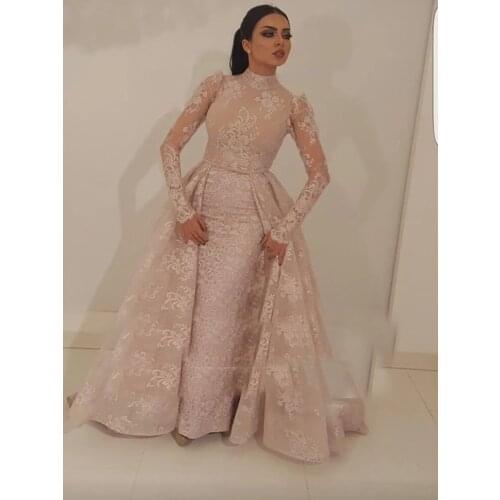 Formal Muslim Evening Dresses Mermaid High Collar Long Sleeves Appliques Lace Long Dubai Saudi Arabic Evening Gown