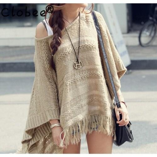 2021 Autumn Vintage Pullover Casual Hollow Irregular Tops Knitting Tassel Cloak Shawl Bat sleeve Smock Sweater poncho women