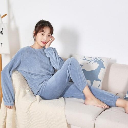 2020 Autumn Winter New Arrival Warm Pants Suit Coral Fleece Leisure Pajamas Round Neck Solid Pijama Full Length Pijama Mujer