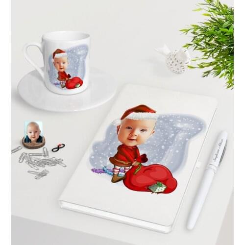 Personalized Baby Caricature Of White Notebook Pen Turkish Coffee Cup Seti-6
