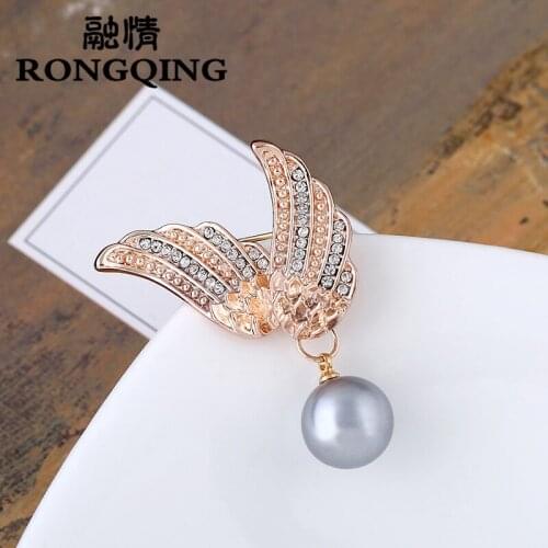 RONGQING 12pcs/lot Fashion angel wing brooch For Women simulatde pearl jewelry gifts broochs wholesale for mom wife girl friend