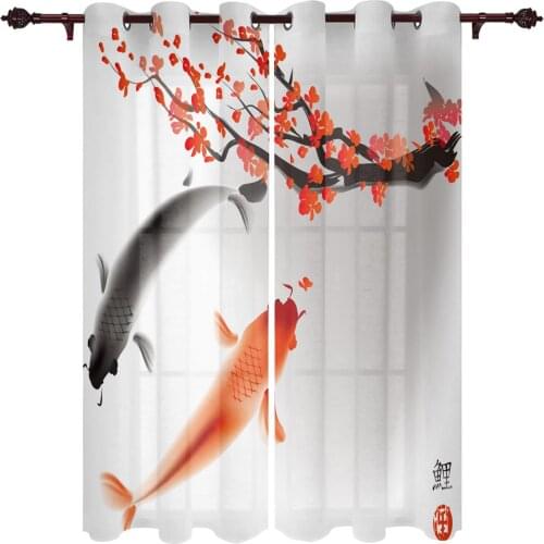Luxury Window Curtain Koi Plum Blossom Ink Hotel Home Living Room Kitchen Bedroom Decoration Translucent Patio Curtain