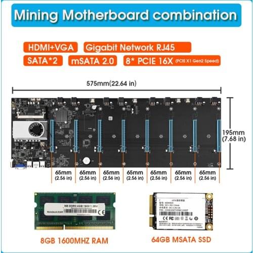 BTC-S37 8 GPU Bitcoin Cryptography Ethereum Mining Motherboard with 64GB MSATA SSD and 8GB DDR3 1600MHz RAM Distance 65mm
