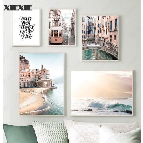 Nordic Modern Seaside Waves Tram Venice Nordic Posters and Prints Wall Art Canvas Painting Wall Pictures for Living Room Decor