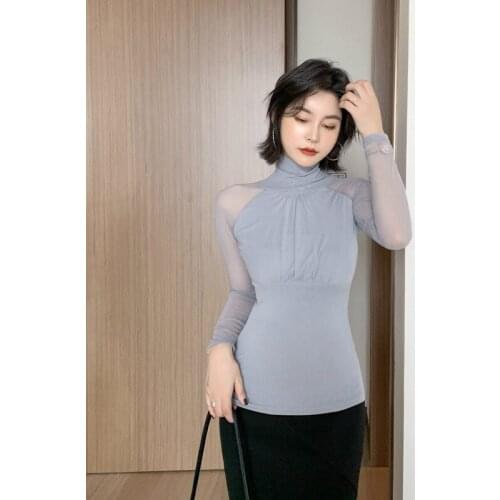 Ladies Tops Shirt Blusas Mujer Women Pullover 2019 Winter Sexy Pullove Slim Turtleneck Mesh Patchwork Long Sleeve XL Shirt Women