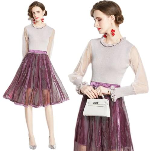 2020 New Clothing For Women Two Piece Set Office Lady Full Beading Autumn Elegant Set Elastic Waist Mid-Calf Lady Work Clothes