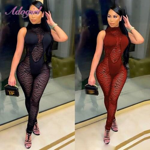 Sexy Zebra Print Sheer Mesh Patchwork Sleeveless Night Party Club Jumpsuit Women Backless See Through Outfit Rompers Overalls
