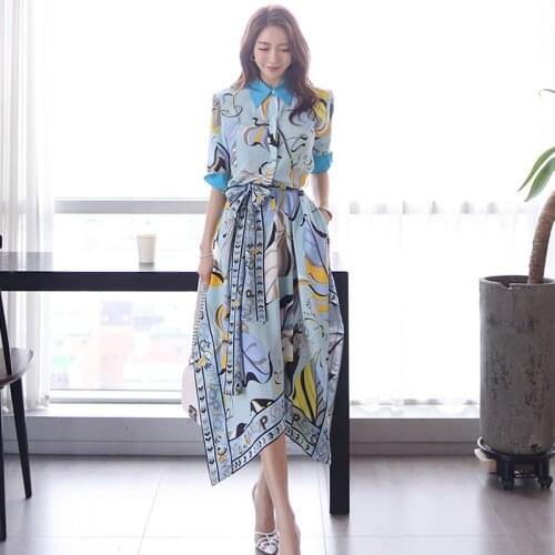 2021 summer new Korean temperament color matching shirt collar waist tie printed irregular dress