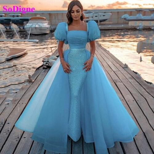 2021 Arabic Mermaid Evening Dresses With Detachable Train Lace Beaded Sexy Short Sleeves Prom Dress Women Formal Gowns