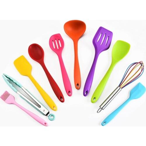 10 Pcs/set Cooking Utensils Set Food Grade Silicone Muticolor Spatula Soup Spoon Brush Colander Non-stick Cookware Kitchen Tools