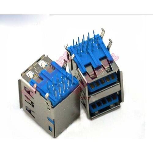 20PCS/Lot USB 3.0 Female Socket Connector Blue Dual USB Ports A Type 90 Degree