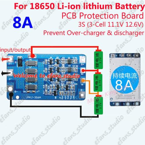3S 8A BMS Protection Board For 3 Packs 18650 Li-ion Lithium Battery Cell 12.6V
